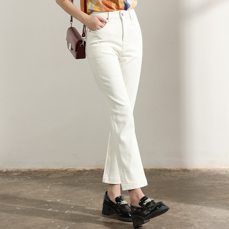 Factory Direct Sale New Versatile Simple Off-White Cigarette Pants Women's Four-Way Stretch Small Straight-Leg Jeans Women's Cropped Pants