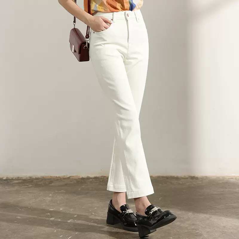 厂家直销新款百搭简约米白色烟管裤女四面弹小直筒牛仔裤女九分裤
