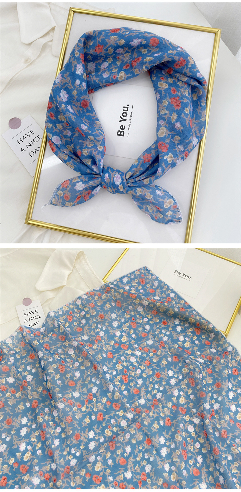 Korean flower cotton and linen small square scarfpicture10