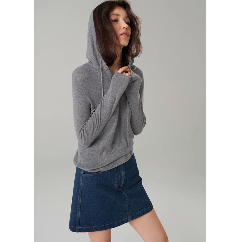 American-style Retro Hooded Knitted Base Shirt Women's Spring and Autumn Design Sense Slim-fit Slim-fit Wool Sweater Unique Top