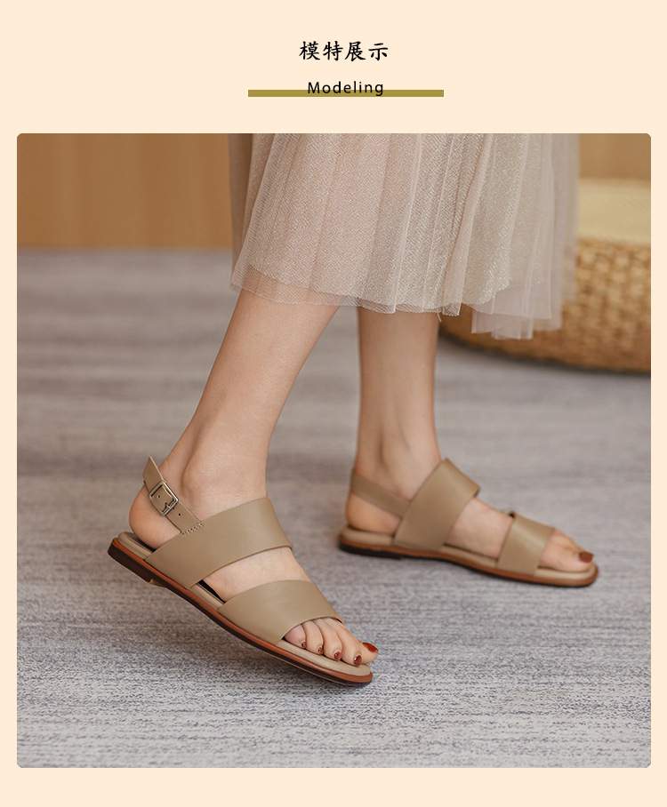 Sandal nữ quai ngang đế bệt phong cách La Mã hở ngón mùa hè — Màu be chi tiết 11