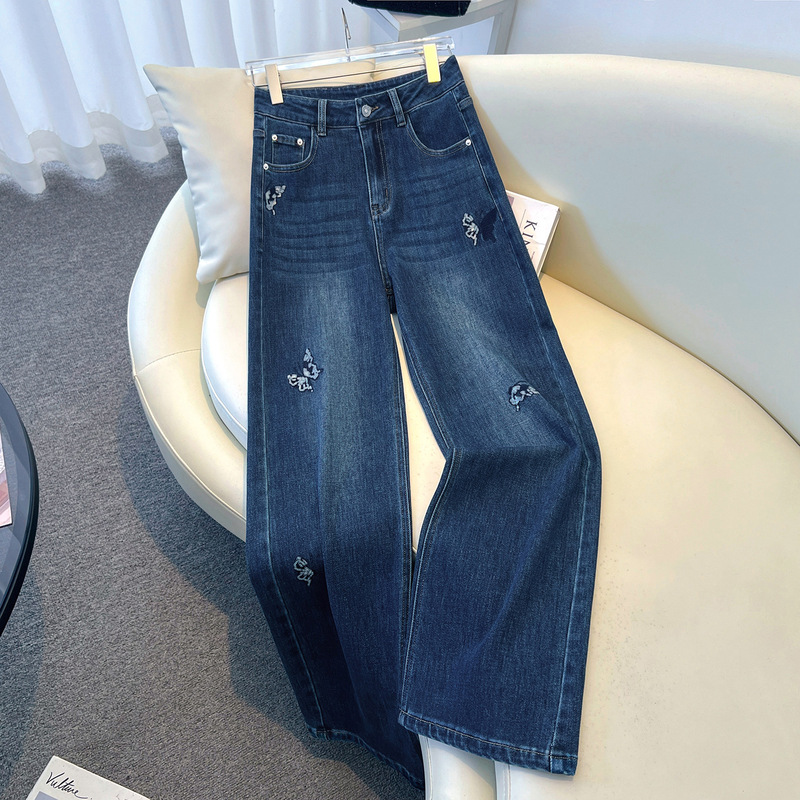 [Nanyou Quality] Heavy Sequin Embroidery Bow Vintage Straight-Leg Jeans High Street Style Waist-Cinching Slimming Denim