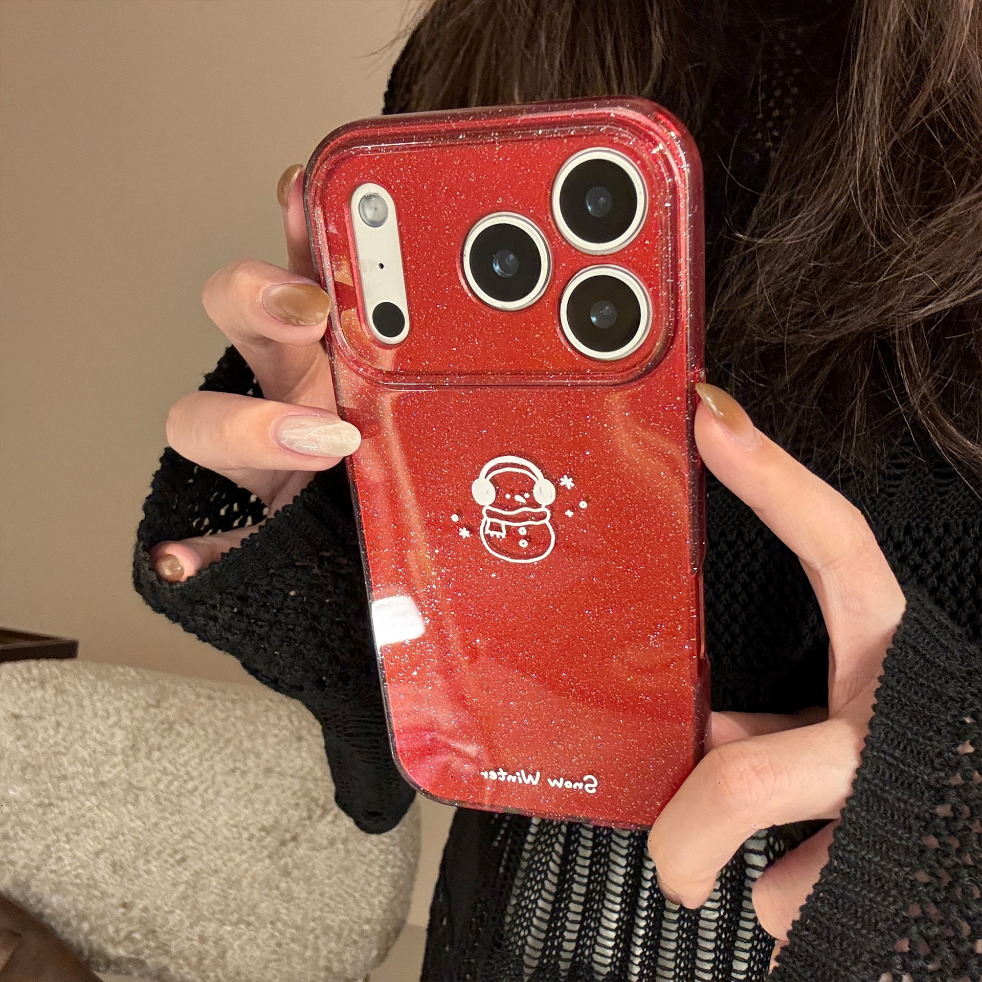 Protective Phone Case For Iphone With Glitter Winter Snowman Design_voghion.com