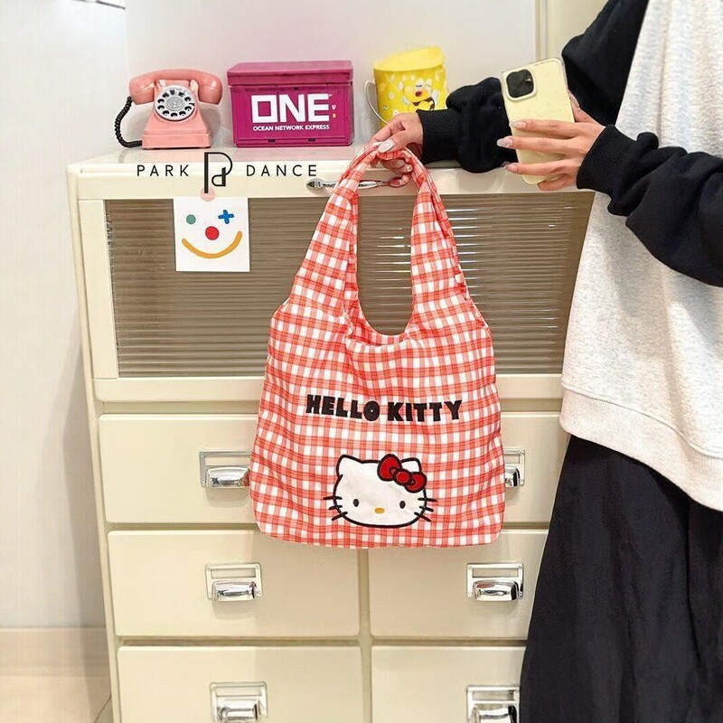 Sanrio Hello Kitty Plaid Canvas Bag Women's Shoulder Handbag Large Capacity Commuter Cute Tote Shopping Bag