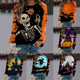 欧美 Halloween 数码印花卫衣 撞色蝙蝠长袖宽松女士节日打底上衣