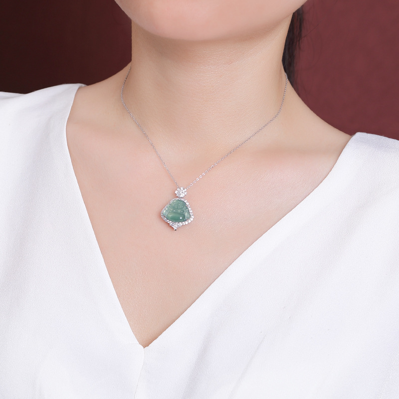 Mặt dây chuyền Phật Di Lặc bạc S925 mạ vàng nước xanh ngọc bích — Mặt dây chuyền đơn (không có dây chuyền)