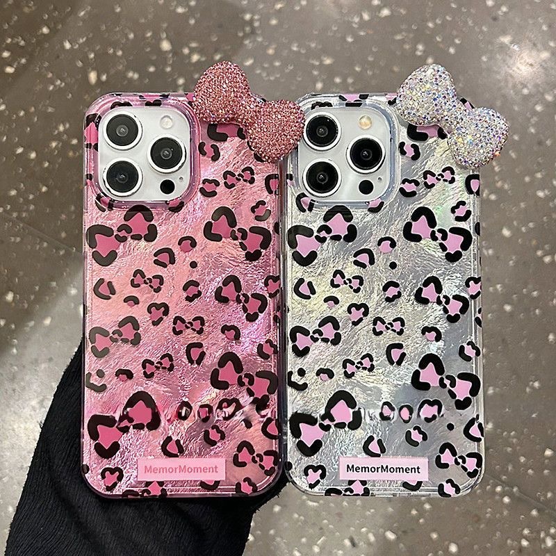 Bow Flash Diamond for Apple 14/15promax Leopard Glory X50/60PRO Simple P70 Phone Case