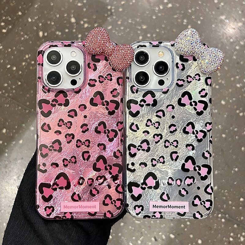 Bow Flash Diamond for Apple 14/15promax Leopard Glory X50/60PRO Simple P70 Phone Case