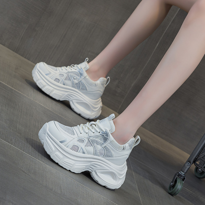Giày sneaker dad đế dày nữ lưới thoáng khí tăng chiều cao đính đá — M2833 màu be, M2833 màu bạc