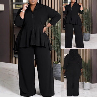 Cross-border Amazon European and American Women's Fashion Casual Irregular Hem Straight Pants plus size Two-piece Set
