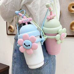 女性用魔法瓶カップ、真空ストロー、女性用316ステンレスミルクティーカップ、持ち手付き高見えフラワーウォーターカップ、密封