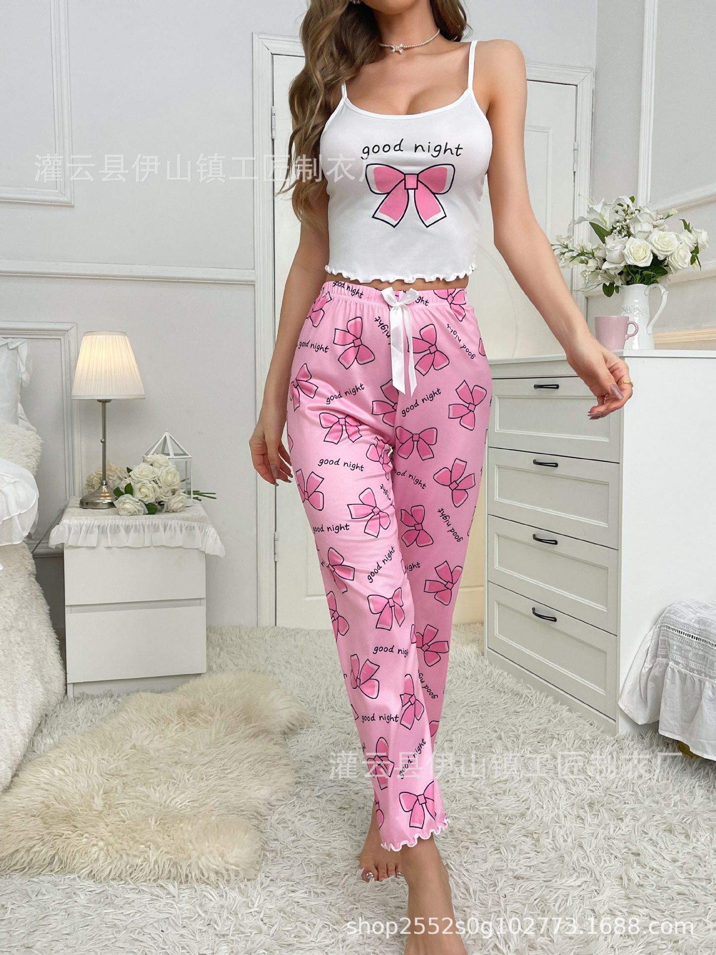 Conjunto de dos piezas de ropa informal para estar en casa, con camisola y pantalones largos, pijamas sexys, envío directo de fábrica, lujo ligero