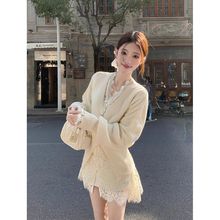 大码女装早春新款设计感开叉V领毛衣开衫+蕾丝花边开衫叠穿两件套