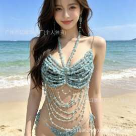 欧美跨境串珠身体链辣妹文胸外搭衣辣妹露背挂脖宝石抹胸情趣胸链