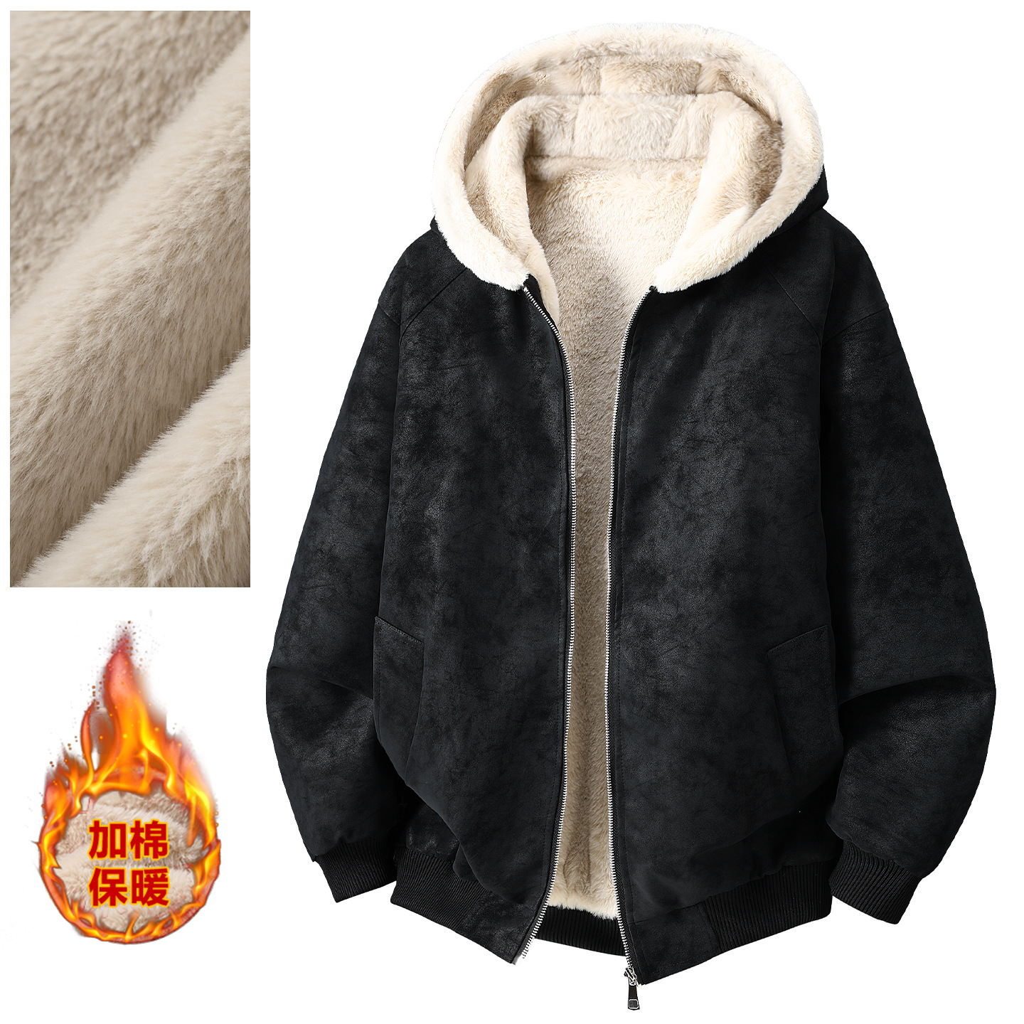 冬季爆款荔枝纹连帽座山雕外套男冬季加绒加厚毛领棉衣男