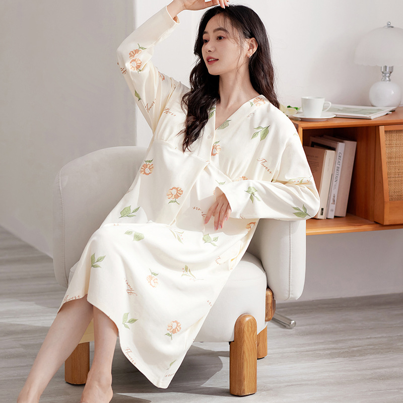 Pregnant Women's Nightgown with Chest Pad Mid-length Dress for Propriecy Cardigan Maternity Dress Maternity Examination Skirt Nursing Skirt dress Cotton