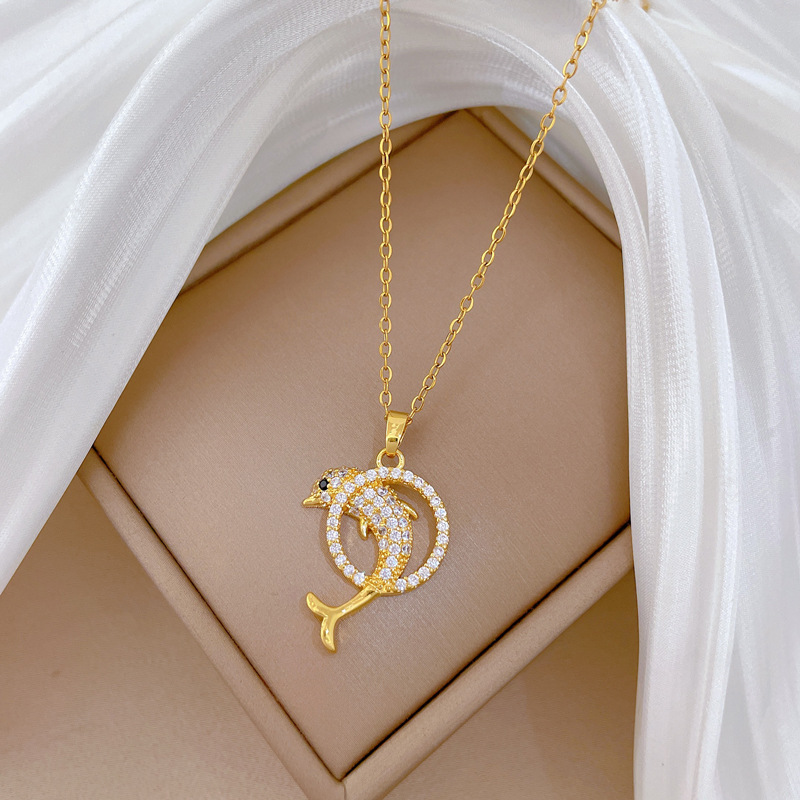 Titanium Steel Dolphin Necklace With Full Diamond Inlay Elegant_voghion.com