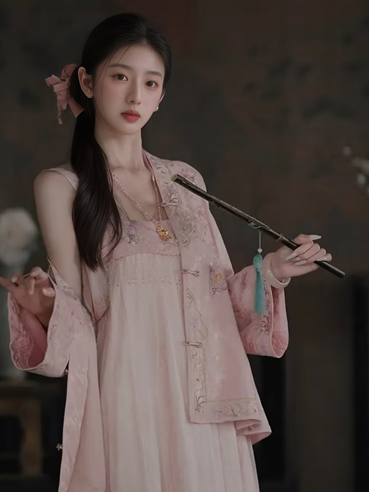 Bộ đầm cổ yếm ren thêu hoa phong cách Trung Hoa tay ngắn hai mảnh (kèm áo khoác ren) — váy trơn, áo khoác