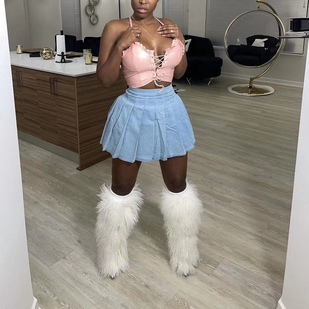 Women's Clothing fashion casual denim skirt pleated skirt ready for sale_voghion.com