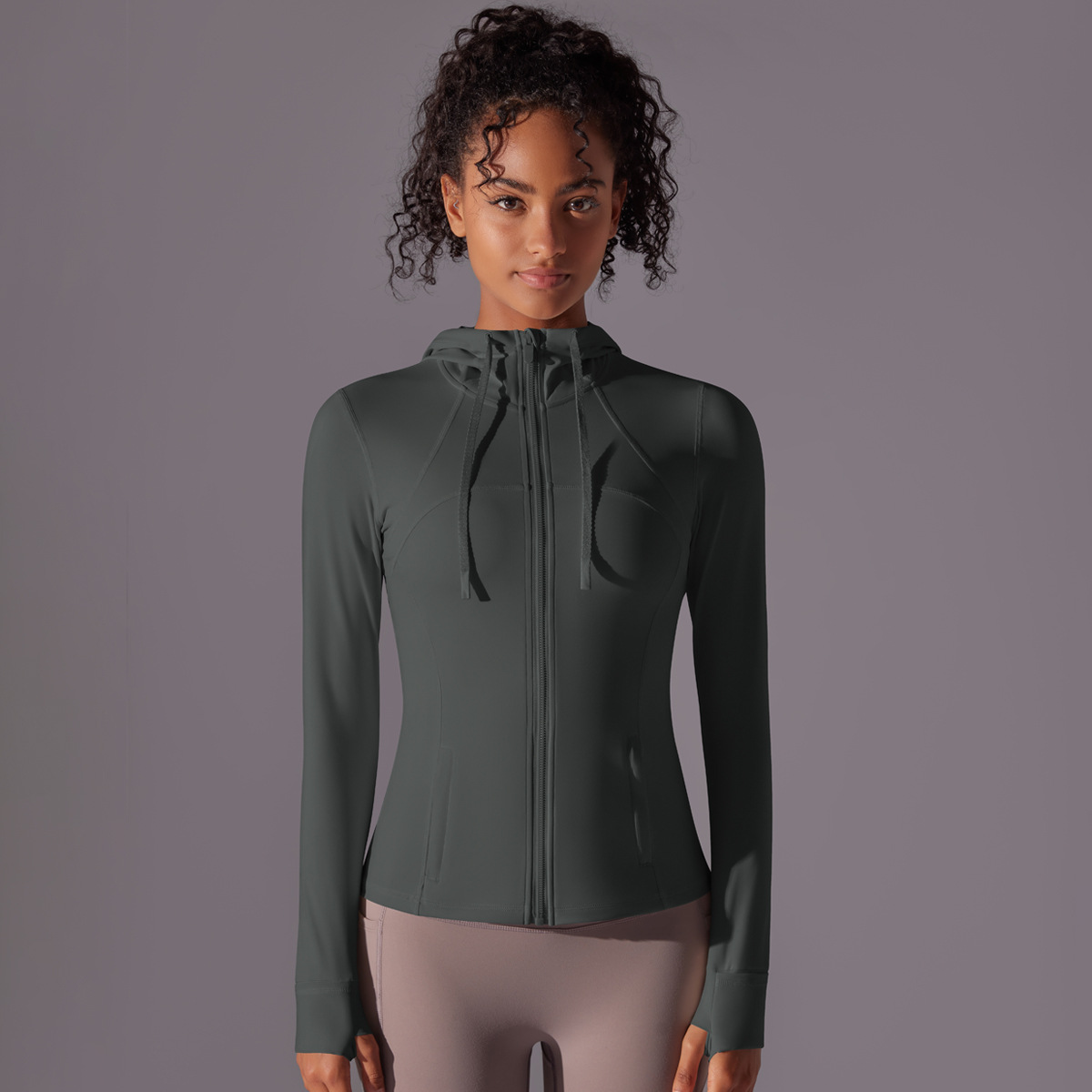 Nuevo bolsillo con cremallera de nylon de doble cara chaqueta deportiva encapuchada para correr y ejercicios yoga chaqueta de manga larga para mujeres