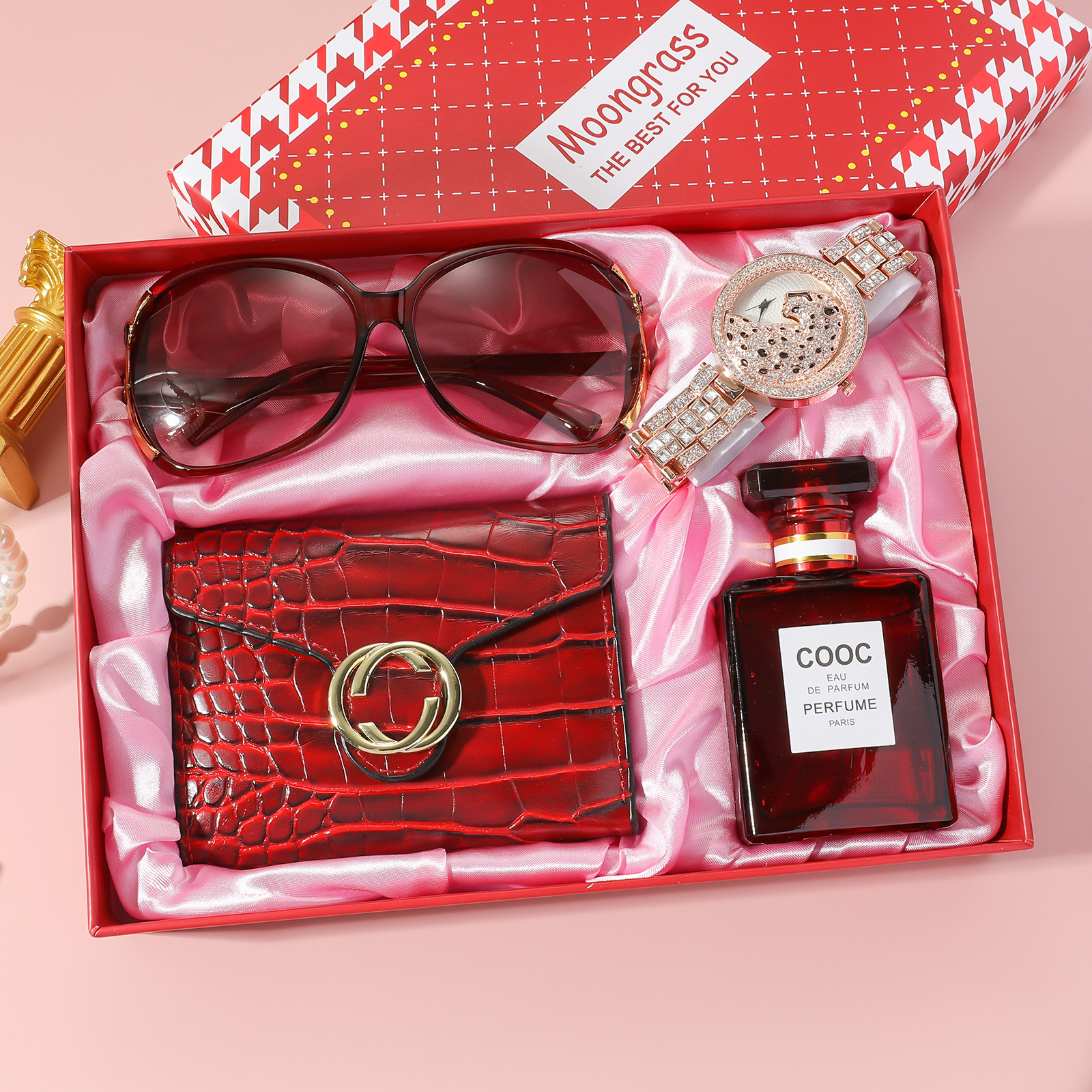 Set de Reloj para Mujer en Caja de Regalo, Reloj Rojo + Cartera + Gafas de Sol + Perfume, Set de 3 Piezas