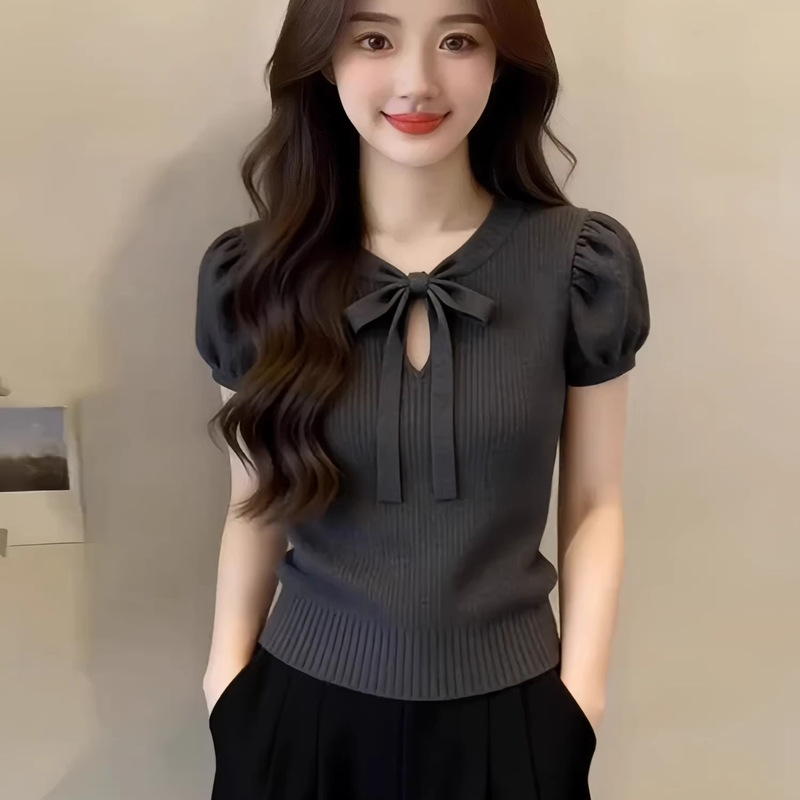 Gray bow-tie round-neck short-sleeve women's summer new commuter short knit top, versatile and slimming