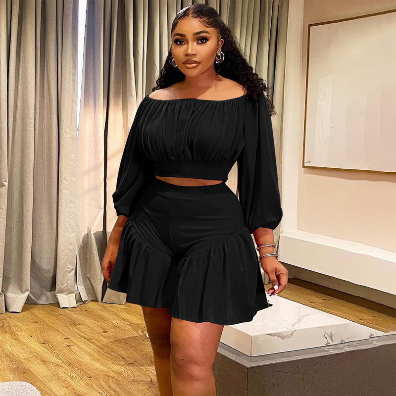Spring and Summer Fashion Pleated One-Line Collar Puffy Waist Lantern Sleeve Shirt Ruffled Shorts Casual Two-Piece Set