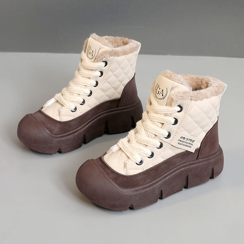 Hy618 Neue Herbst-Winter-Damenschuhe aus Baumwolle mit Farbblock-Design, warm, hoher Schaft, Fleece-Futter, dicke Sohle mit Höhenverstärkung, schlicht_voghion.com