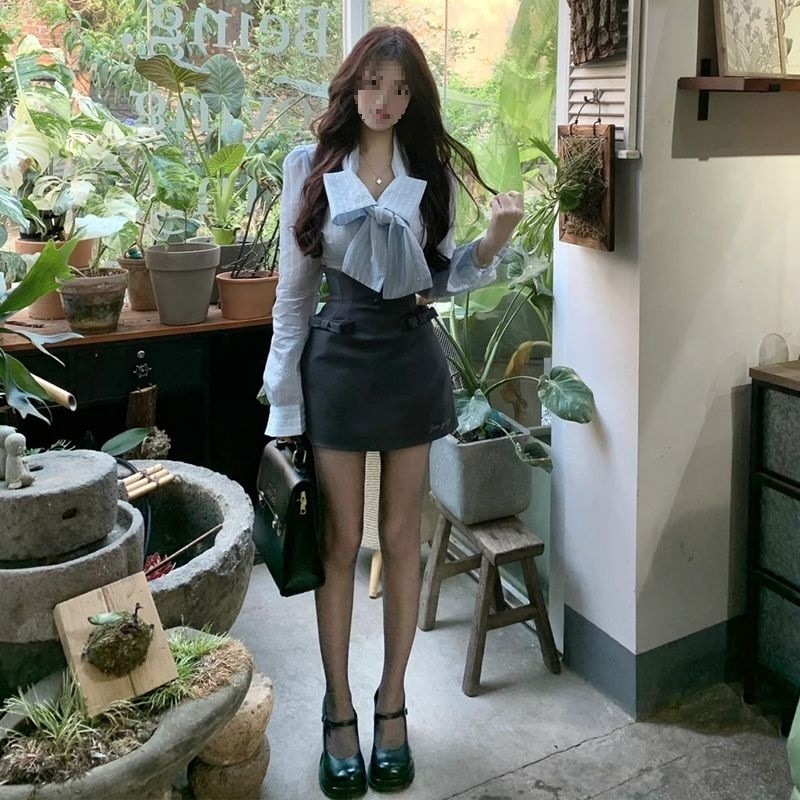 初秋减龄一整套穿搭绝美蝴蝶结上衣半身裙小洋装两件套装|undefined
