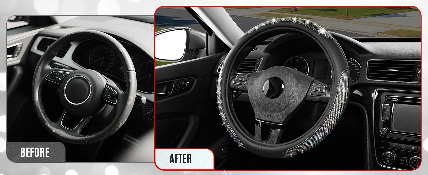 15inch Leather steering wheel cover with diamond inlay, fully enclosed, snug fit, non-slip, wear-resistant car steering wheel protector