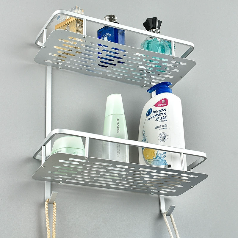 Space aluminum double -layer rectangular aluminum shelf with hook tray bathroom kitchen cosmetics storage pendant free punching