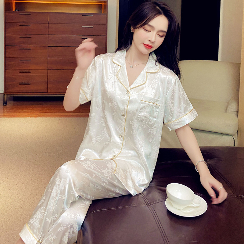 Trendy French-Style Light Luxury Ice Silk Pajamas for Women, Summer Short-Sleeve Long Pants, Stylish Ins-Style Loungewear Set