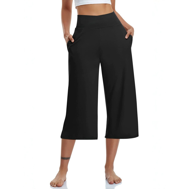 High-Elastic Breathable High-Waisted Wide-Leg Yoga Capris with Pockets, Loose-Fitting Sports Casual Pants, Fitness Training Pants