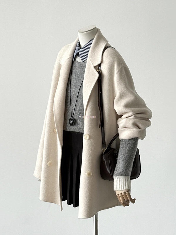 Off-White Short Double-Sided Cashmere Coat for Women, 2025 Autumn and Winter New Style, High-End Korean Style Woolen Coat for Petite Women