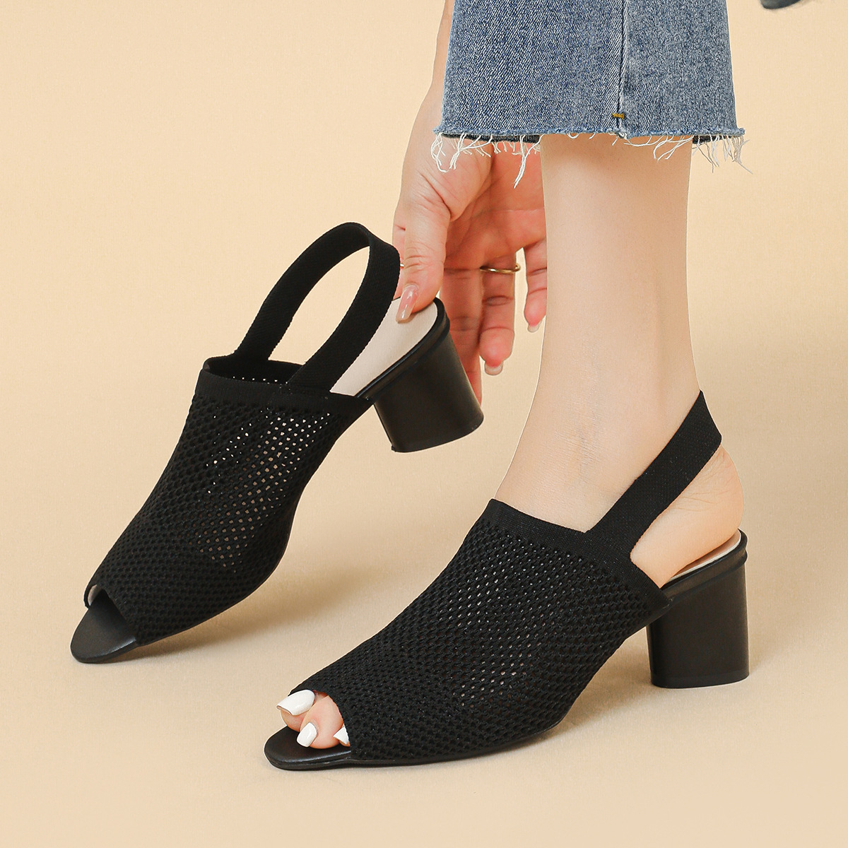 668-1 Hollow-out Fishmouth Breathable Fabric High-heeled Thick-heeled Sandals Women's Hollow-out Casual plus size Sandals