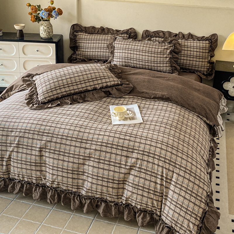 Conjunto de cama de quatro peças em estilo nórdico francês vintage boho com estampa floral francesa, linho lavado vintage com acabamento em renda, inclui capa de edredom e lençol de baixo com elástico._voghion.com