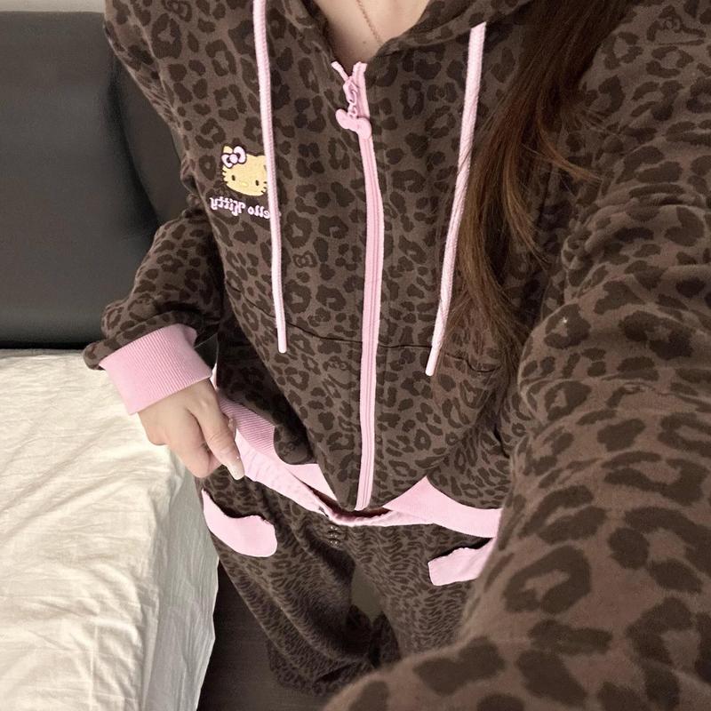 美式辣妹豹纹Kitty印花睡衣女春秋季新款大码可外穿家居服套装ins|undefined