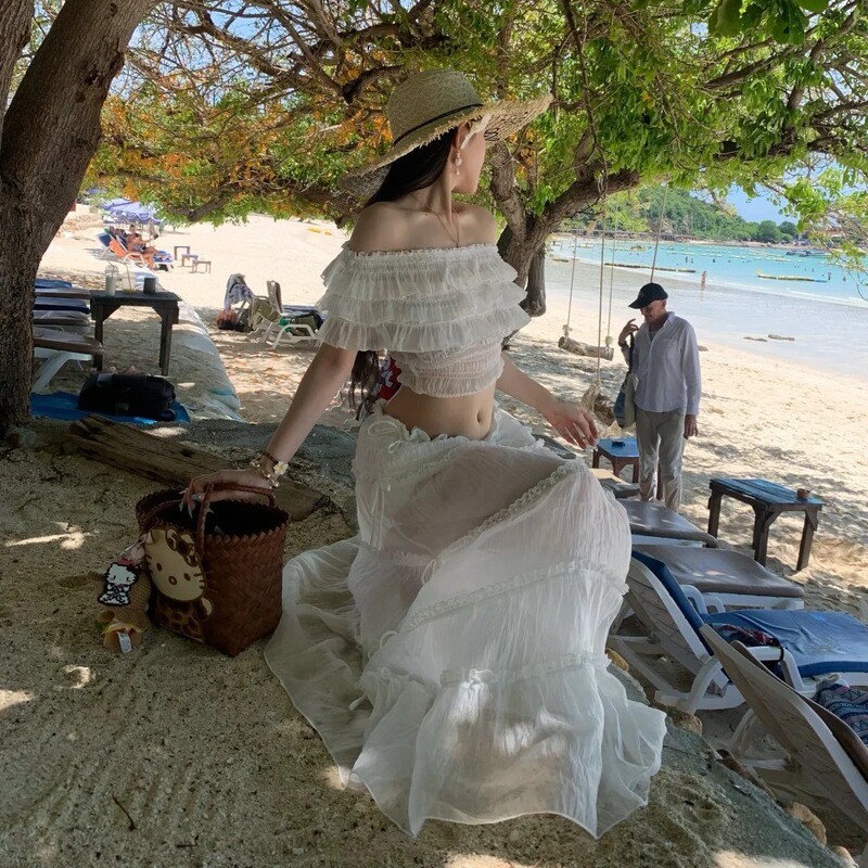 White Moonlight Fairy Island Resort Style Stunningly Romantic Ruffled Lace Top and Flowing Flared Skirt Set White Moonlight Fairy Island Resort Style Stunningly Romantic Ruffled Lace Top and Flowing Flared Skirt Set