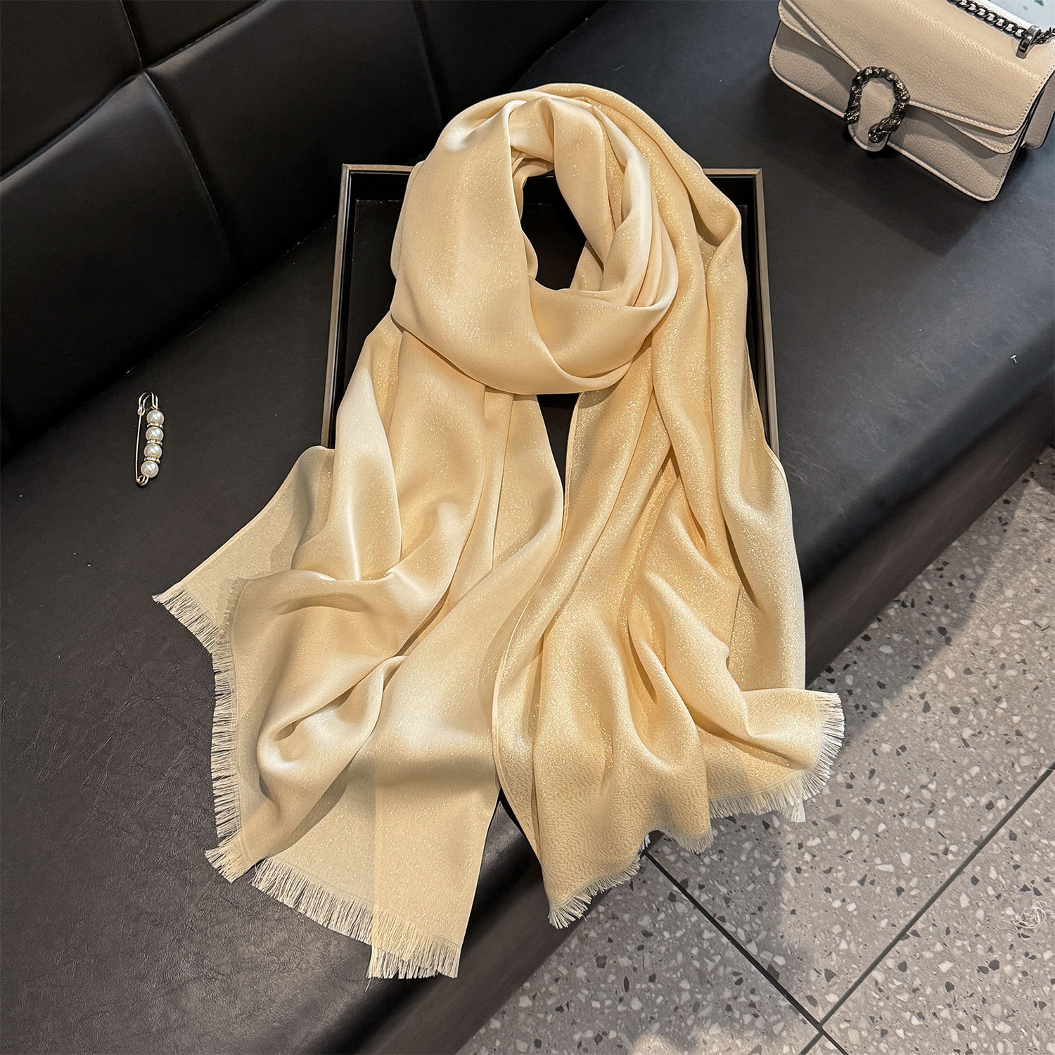 Women's Silk Scarf With Gold Thread Solid Colour Long Beach Wrap_voghion.com