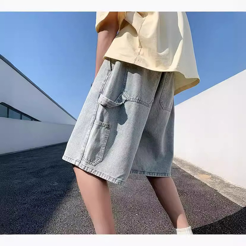 Denim Shorts Men's Straight Loose Summer Thin Fashionable Hong Kong Style Mid-length Trendy Brand Shorts
