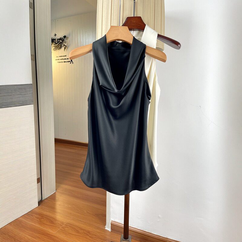Stunning and Stylish Sleeveless Off-Shoulder Halter Neck Top for Women, Summer Acetate Satin Draped Collar Slim-Fit Waist-Cinching Tank Top