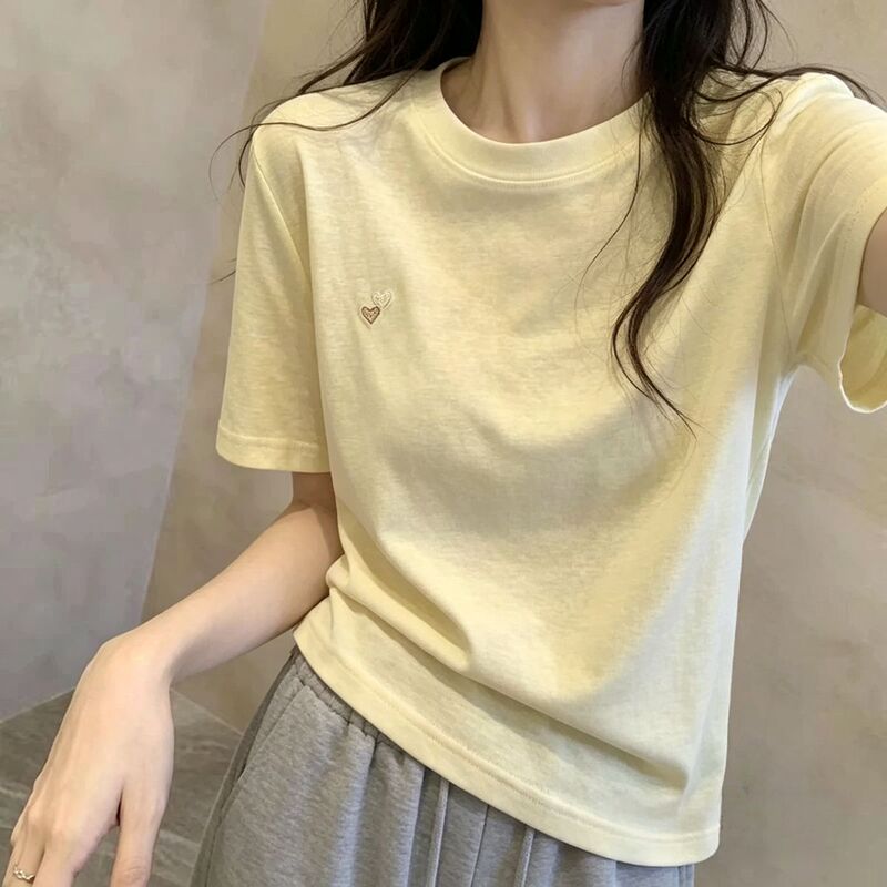 Soft Cotton 95% Cotton 5% Spandex Yellow Embroidered Short-Sleeve T-Shirt for Women, Regular Shoulder Fit, Summer New Style, Loose Top, Direct from Manufacturer Soft Cotton 95% Cotton 5% Spandex Yellow Embroidered Short-Sleeve T-Shirt for Women, Regular Shoulder Fit, Summer New Style, Loose Top, Direct from Manufacturer