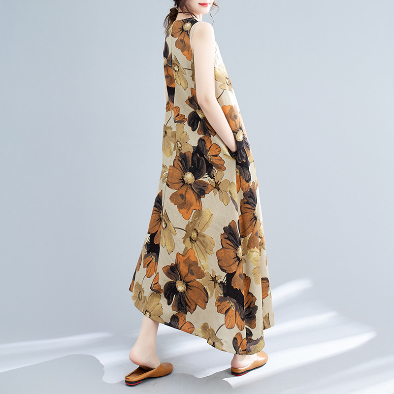 Vestido midi estampado sem mangas com gola redonda, estilo boêmio, plus size, para o verão de 2024._voghion.com
