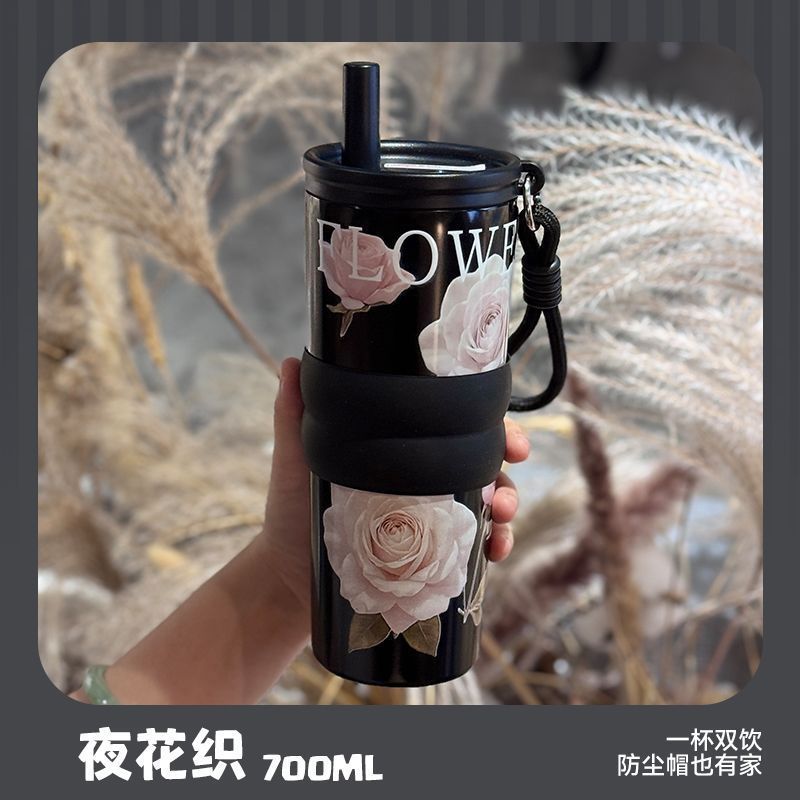 女性の高見えコーヒーカップ、ポータブルウォーターカップ、シンプルなセラミックライナー魔法瓶カップ、大容量カーストローカップ|undefined