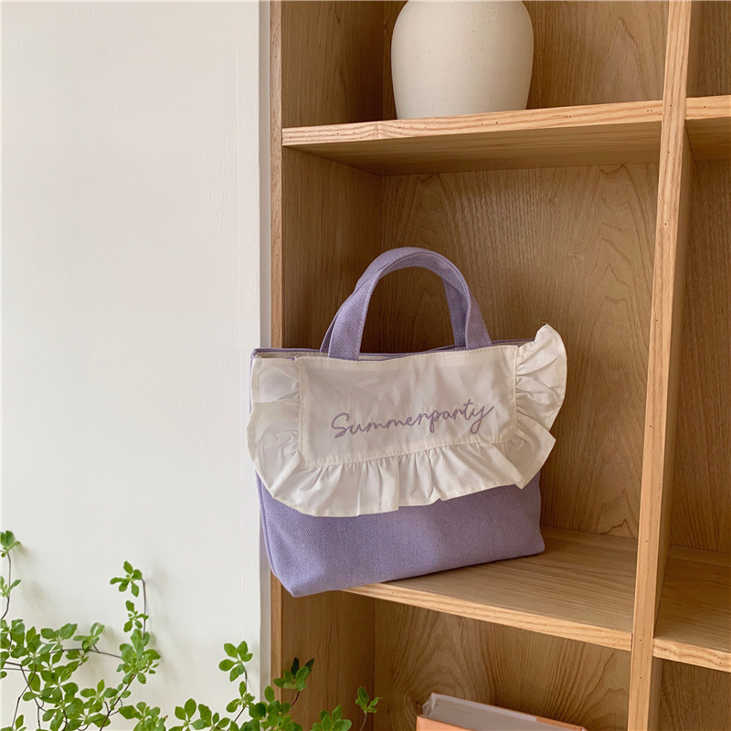1441 Japanese and Korean chic Sweet ruffled bento Bag, Fresh embroidered hand-held small cloth bag, girl student bag wholesale undefined