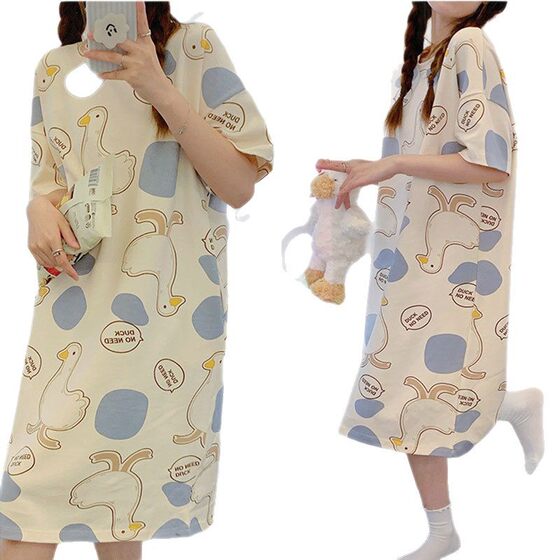 Nightgown factory direct summer girls plus size nightgown fat guy dress out casual cartoon dress printing