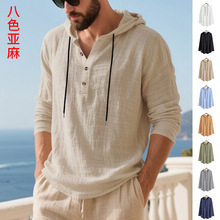 25跨境亚马逊秋季宽松亚麻男士透气连帽长袖沙滩亨利打底T恤衫男