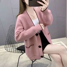 秋冬季韩版宽松厚款慵懒风针织开衫单排大黑圆扣毛衣女外套女现货