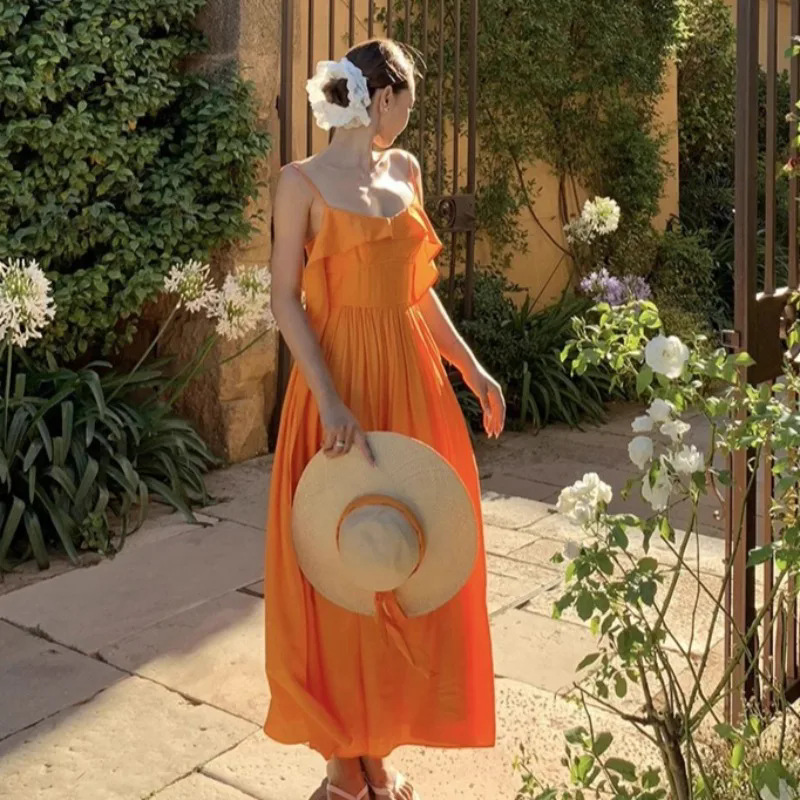 Capri Orange Sling A- shaped dress Summer Dopamine Vacation Beautiful Temperament Waist Long Skirt