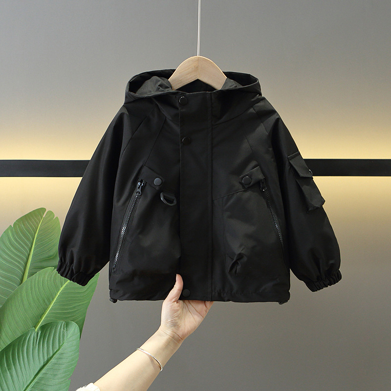 7766 chaquetas de herramientas de primavera para niños 2025 nueva ropa con capucha fresca de moda para niños camisa con cremallera estilo occidental gabardina